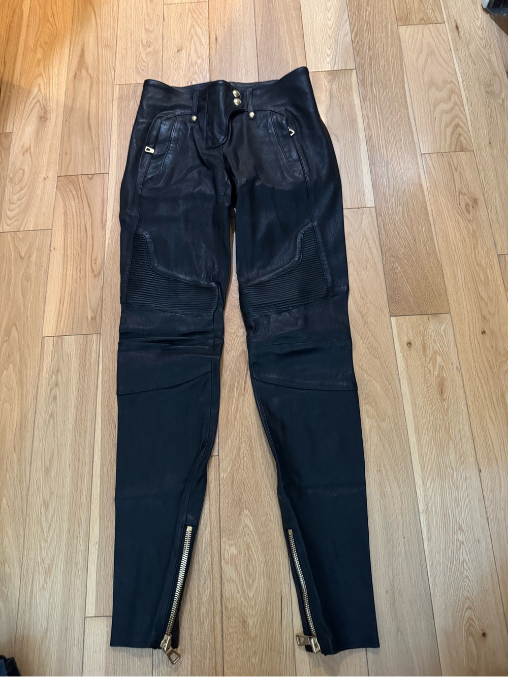 Balmain for H&M leather Black Skinny Moto Pants with Gold Hardware size 2